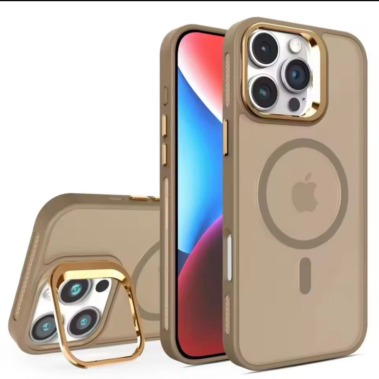 İphone Standlı MagSafeli Silikon Mat Kılıf- Çöl Titanyum (Lens Koruyucu Hediyeli)